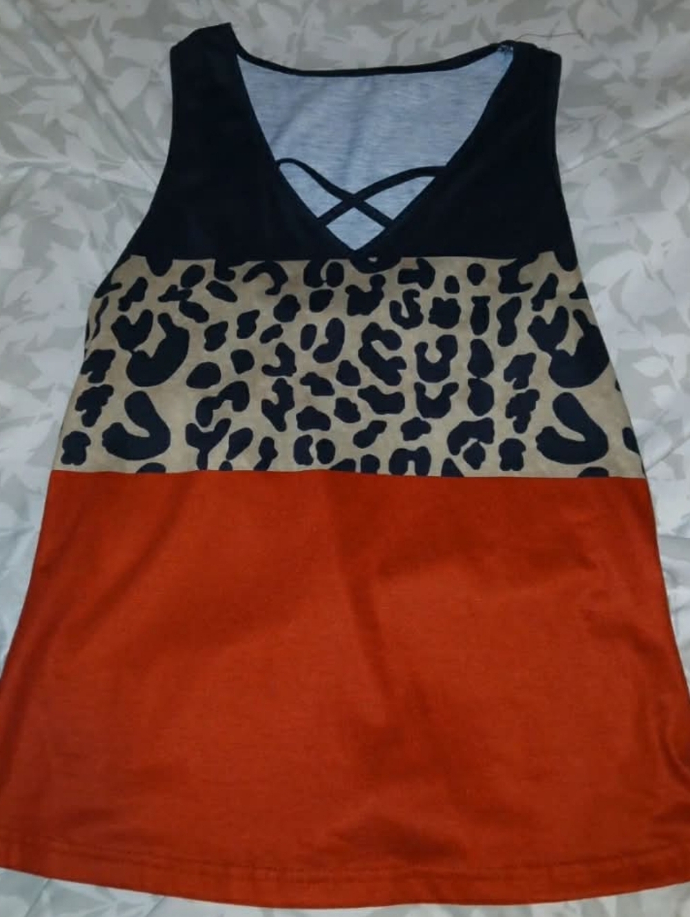 Women’s Colorblock Leopard Print Tank Top - Black/Tan/Orange